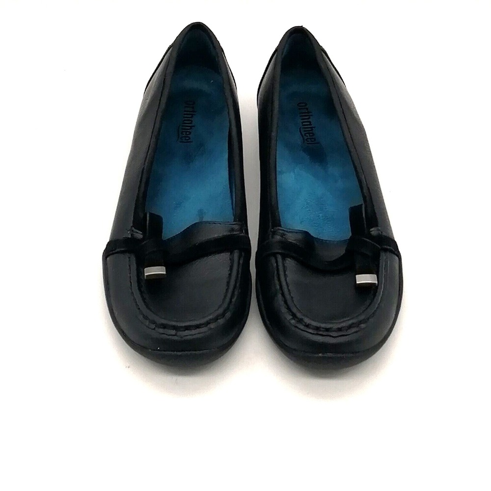 Orthaheel Shoes Womens Loafers Mae Black Faux Leather Round Toe Flat Heel 6